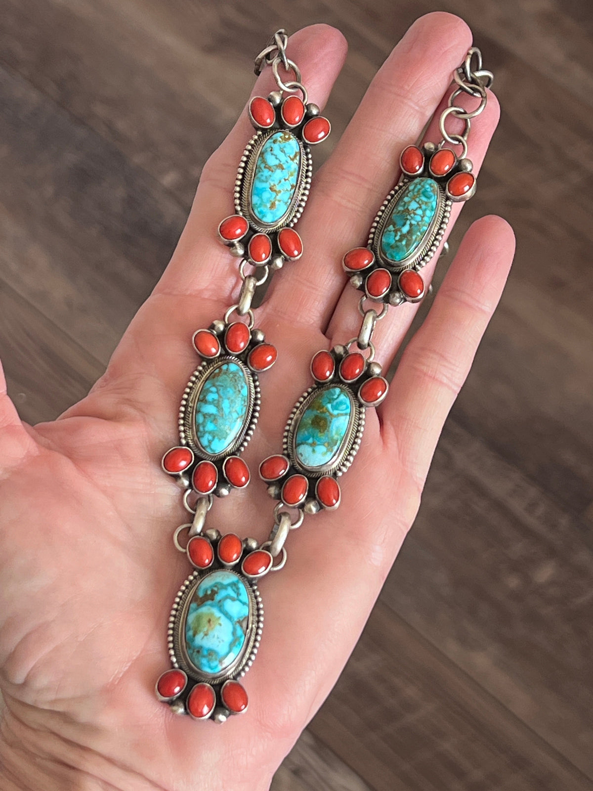 Taos Collection: Kathleen Chavez Sterling Silver, Kingman Turquoise & Mediterranean Coral Necklace and Earrings Set