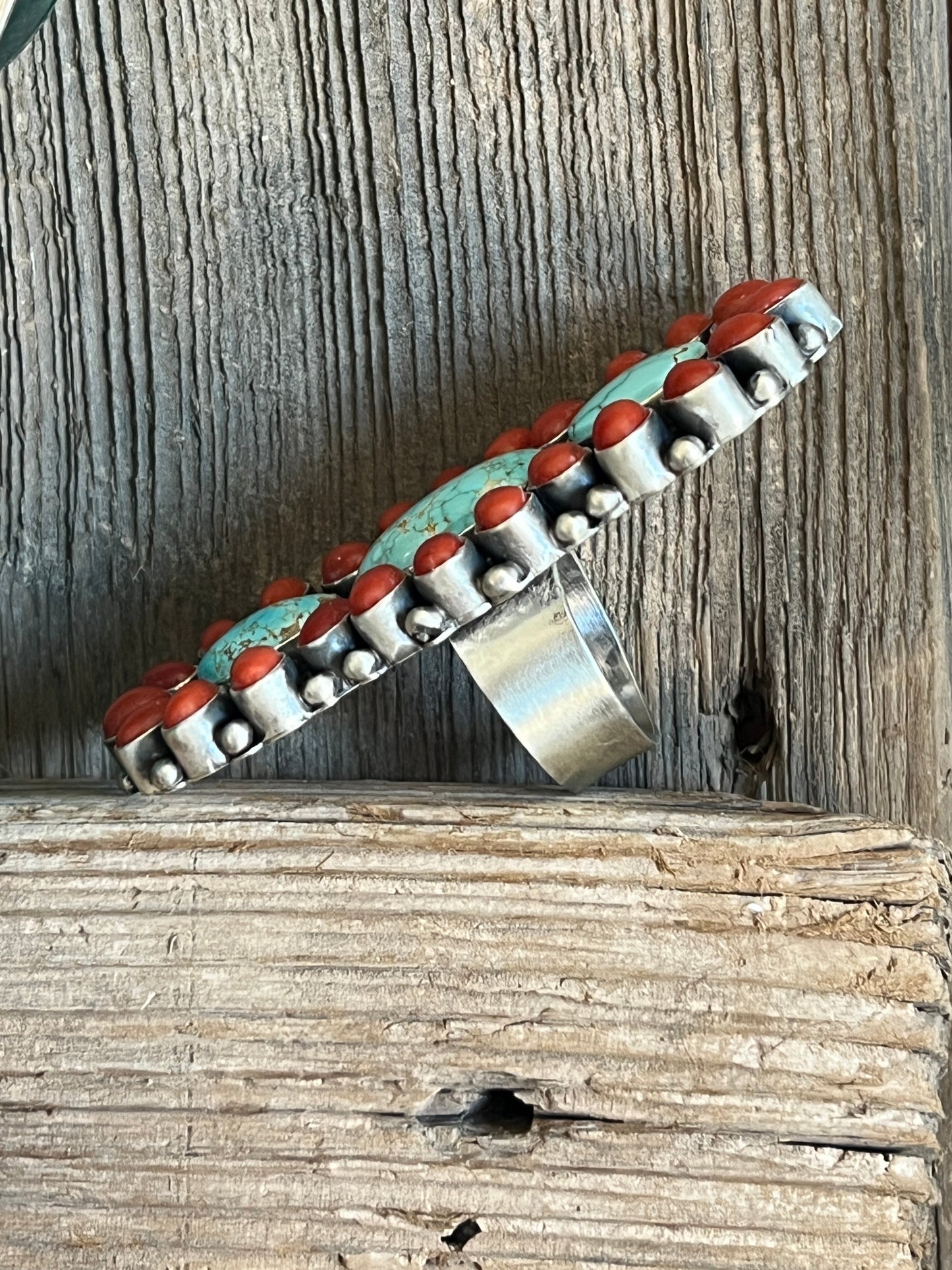 Navajo Sterling Silver, Coral and Number 8 Turquoise Ring by Darrin Livingston, Size 9