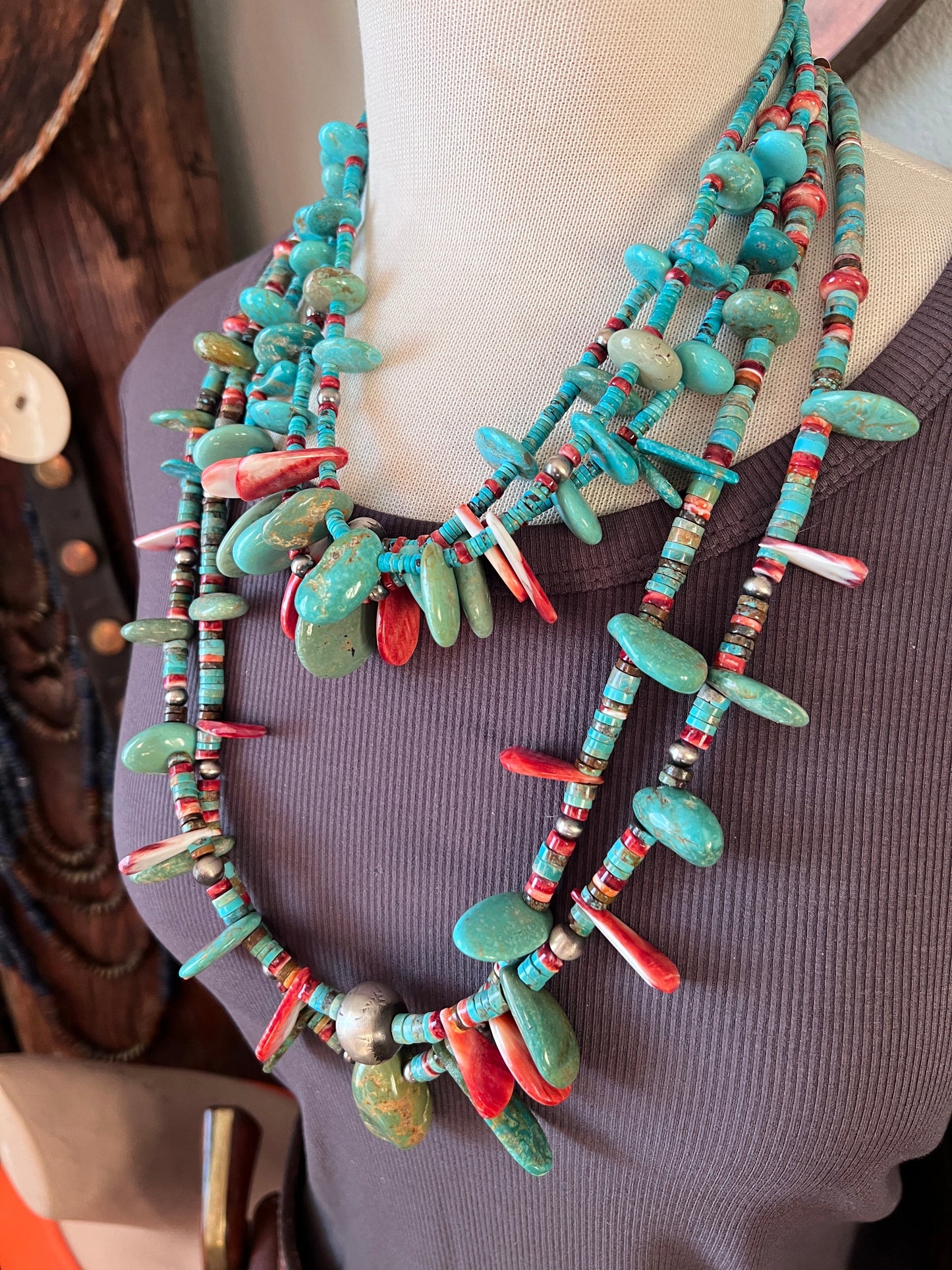 Stunning Handcrafted Double Strand Sterling Silver, Turquoise and Spiny Oyster Beaded Tab Necklace by Daniel Coriz