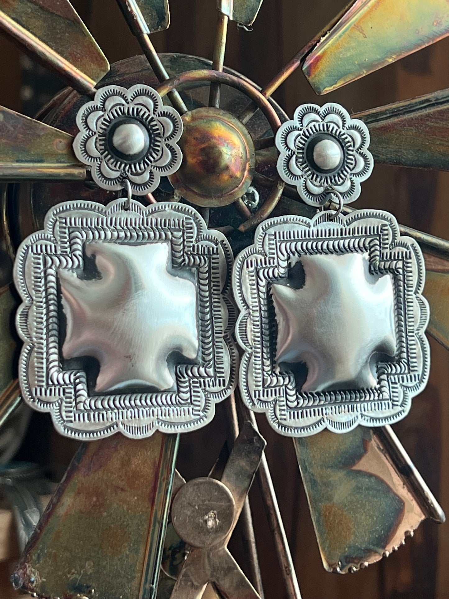 Handmade Navajo Sterling Silver Stamped Repousse Santa Fe Cross Earrings by Leander Tahe, C3