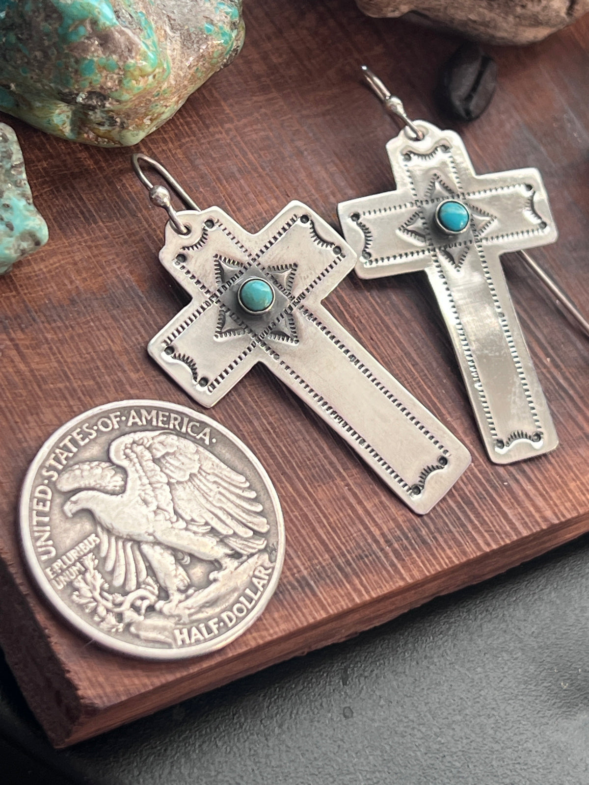 Hand Stamped Sterling Silver Cross Dangle Earrings with Turquoise by Kimari Somers