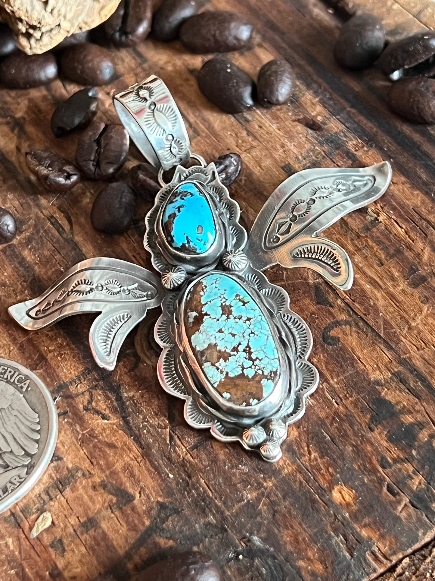 Kimari Somers Hand Stamped Sterling Silver and Turquoise Winged Bug Pendant