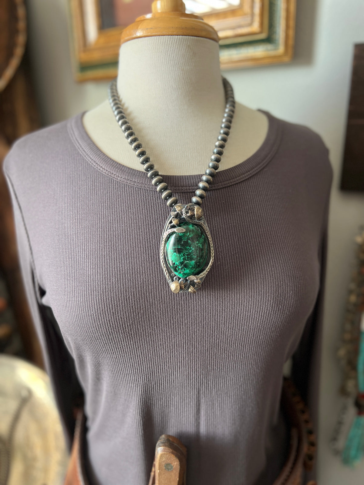 Sterling Silver, Brass and Malachite Garden Rattlesnake Pendant by Isaac Baca