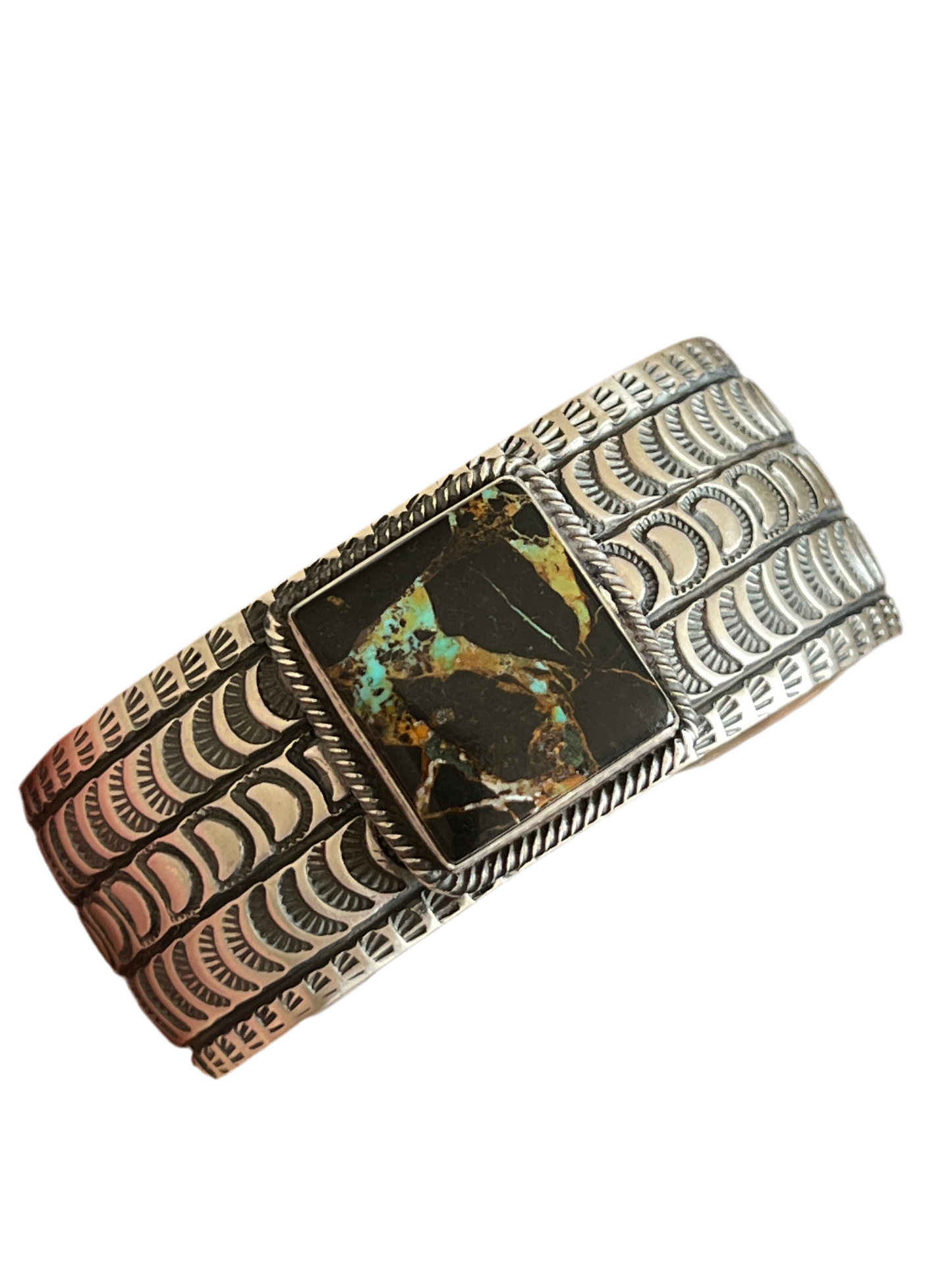 Navajo Sterling Silver and Blackjack Turquoise Hand Stamped Cuff Bracelet by Randy Boyd
