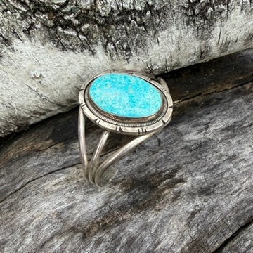Navajo Made Sterling Silver and Turquoise Oval Cuff Bracelet Signed Wydell Billie