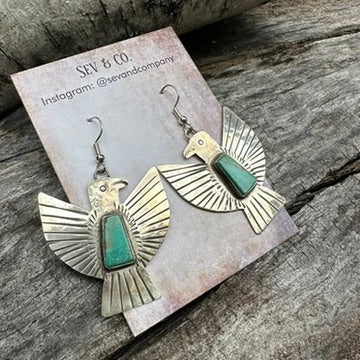 Native Made Sterling Silver and Turquoise Thunderbird Earrings by Vernon Begay