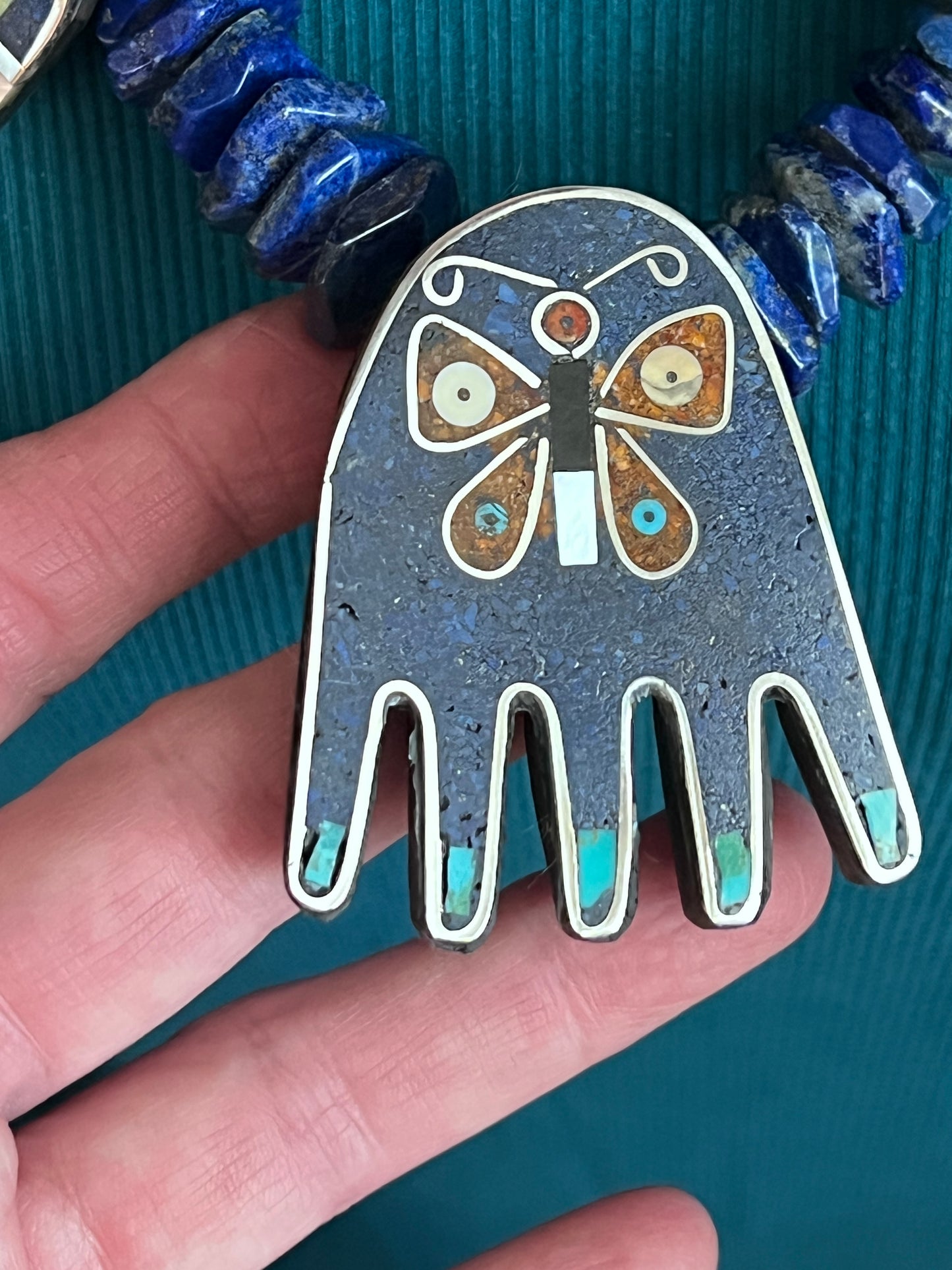 Warren Nieto Sterling Silver and Inlaid Stone Healing Hand and Monsoon Storm Cloud Necklace & Earrings Set