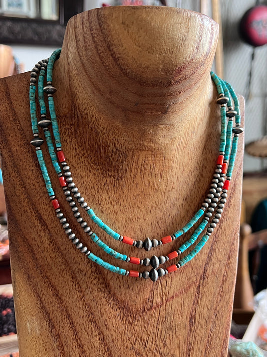 Bohemian Bliss Beaded Choker with Sterling Silver, Mediterranean Coral and Turquoise, 16” + 2”