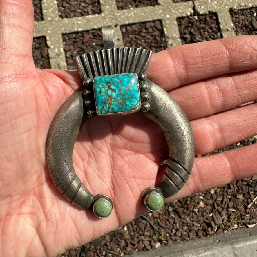 Navajo Made Sterling Silver and Turquoise Naja Pendant by Robert Chee