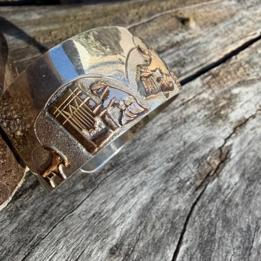 Apache Richard Reeve Sterling Silver with Gold Overlay Storyteller Cuff Bracelet