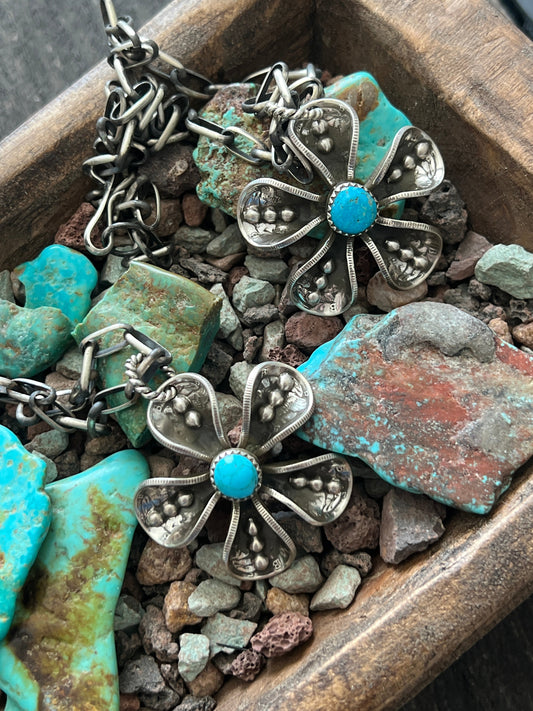 Navajo Sterling and Coin Silver Mercury Dime Flower Pendant with Turquoise on Handmade Chain by James Begay
