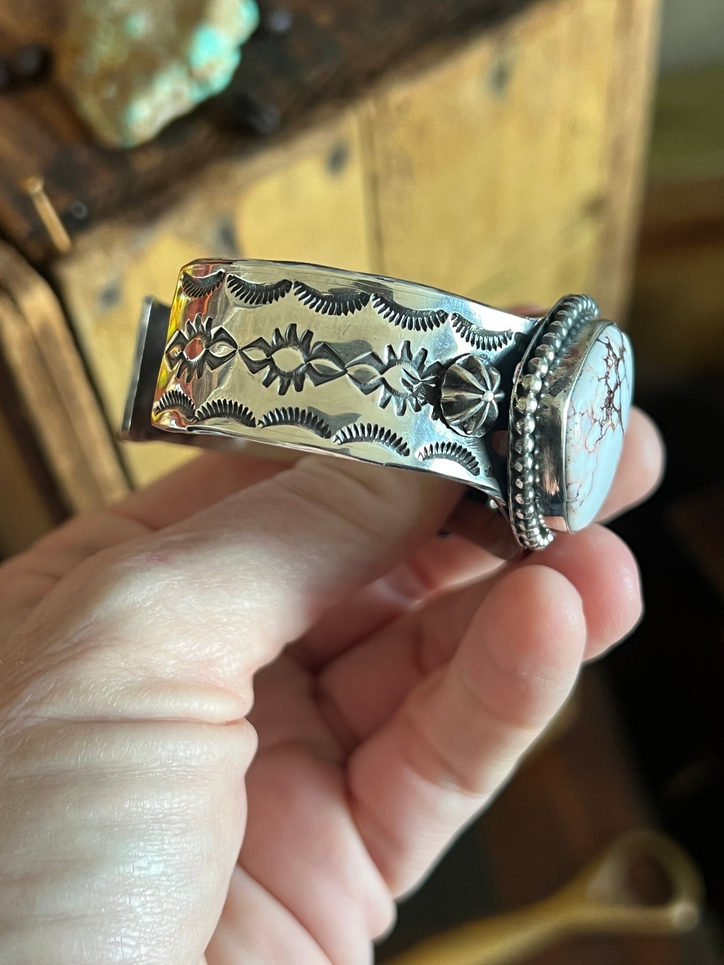 Rosella Paxson Sterling Silver Cuff with Wild Horse Magnesite Hearts and Rectangular Onyx