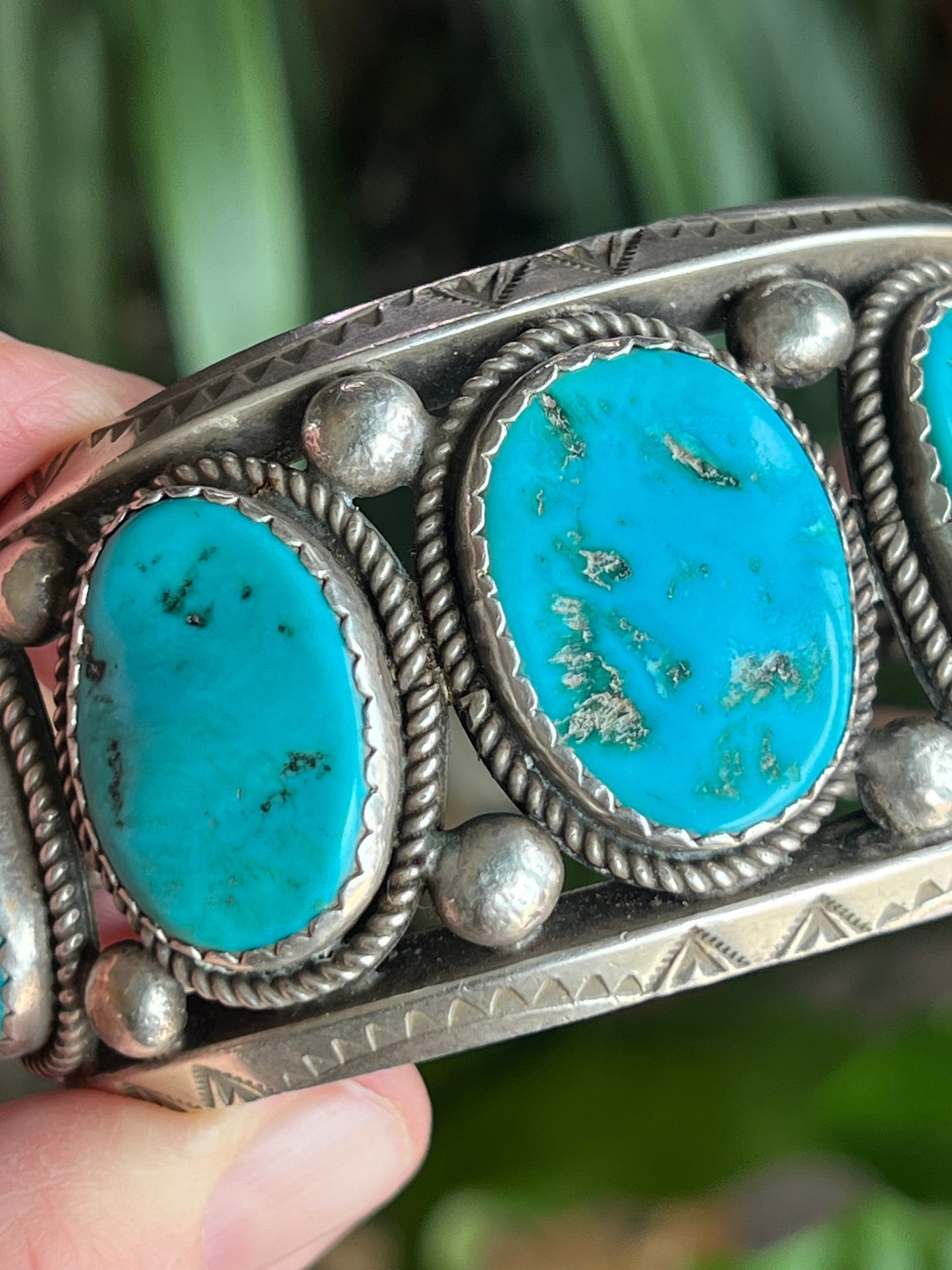 Old Pawn Navajo Sterling Silver and Natural Sleeping Beauty Turquoise Cuff Bracelet, Signed D