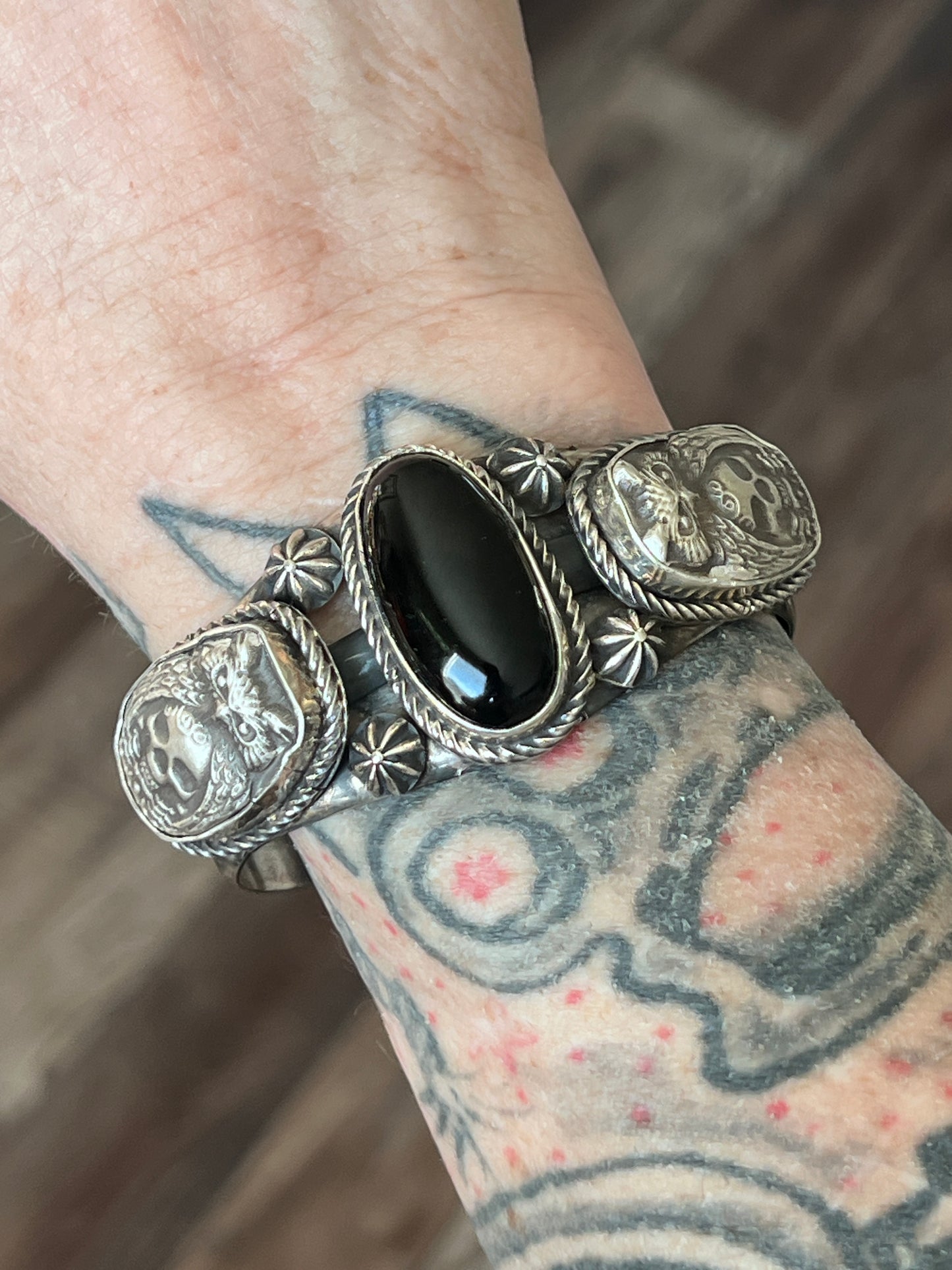 Rosella Paxson Onyx, Sterling Silver & Fine Silver Owl/Skull Cuff Bracelet