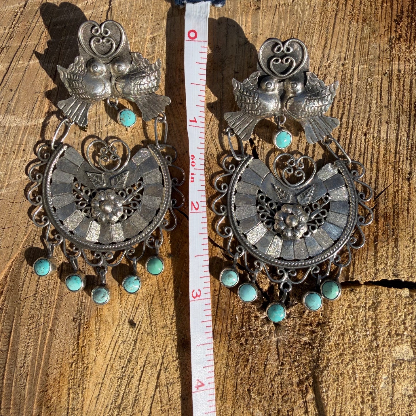 Sterling Silver Half Disc and Turquoise Filigree Lovebird Earrings by Federico Jimenez