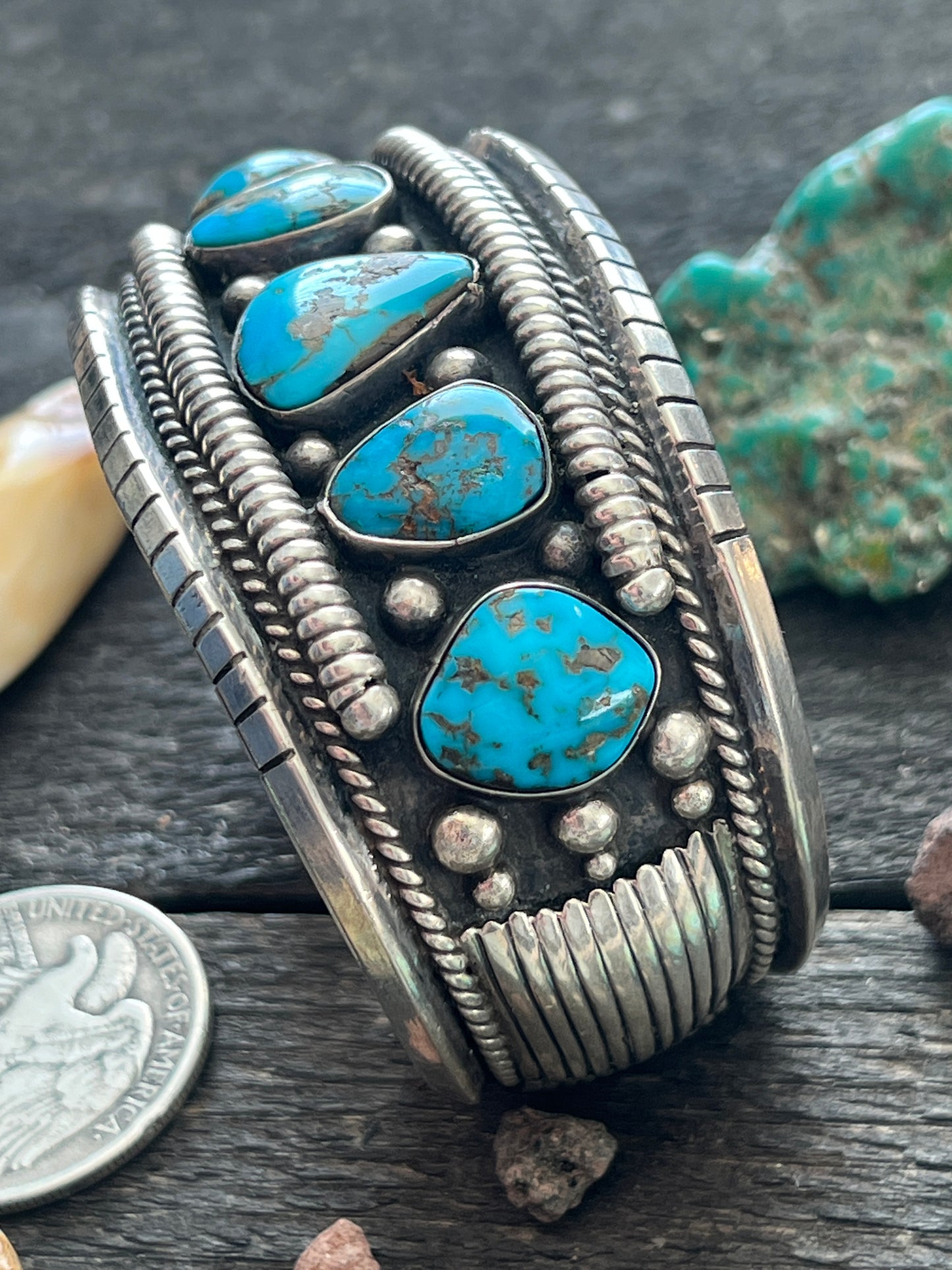 Vintage Hefty Sterling Silver and Turquoise Cuff Bracelet, Signed JY
