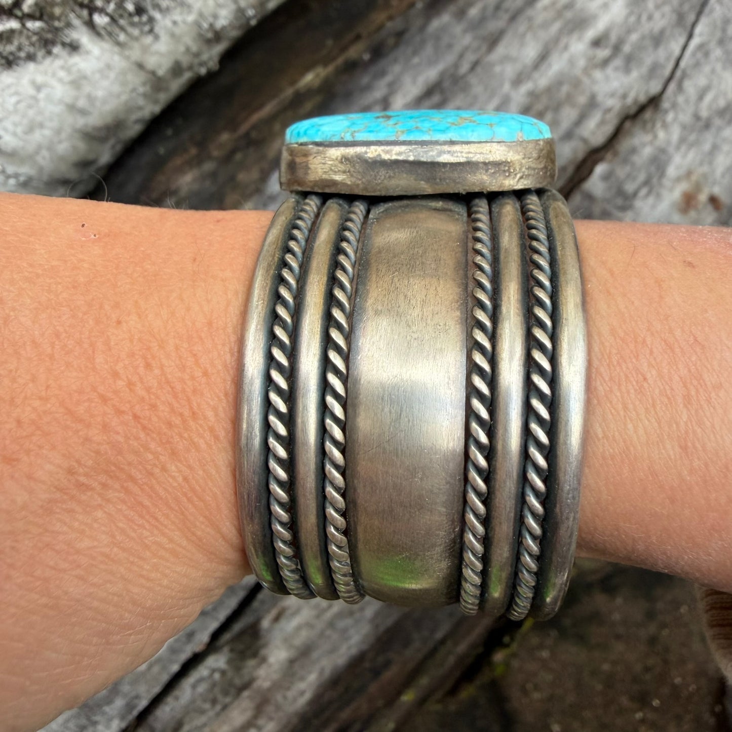 Navajo Made Sterling Silver and Turquoise Oval Cuff Bracelet Signed Tahe