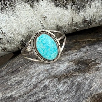 Navajo Made Sterling Silver and Turquoise Oval Cuff Bracelet Signed Wydell Billie