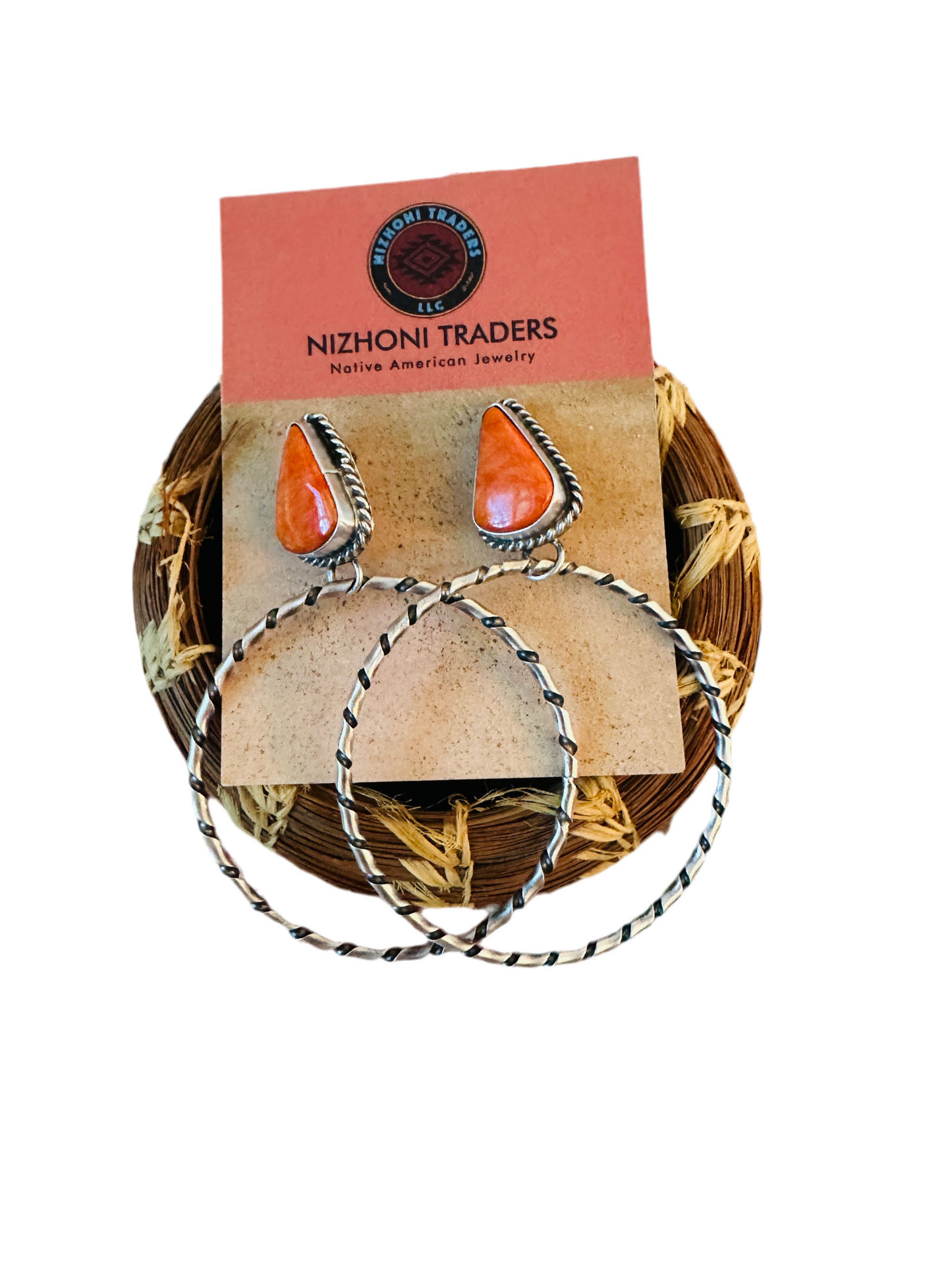 Navajo Orange Spiny and Sterling Silver Dangle Hoop Earrings
