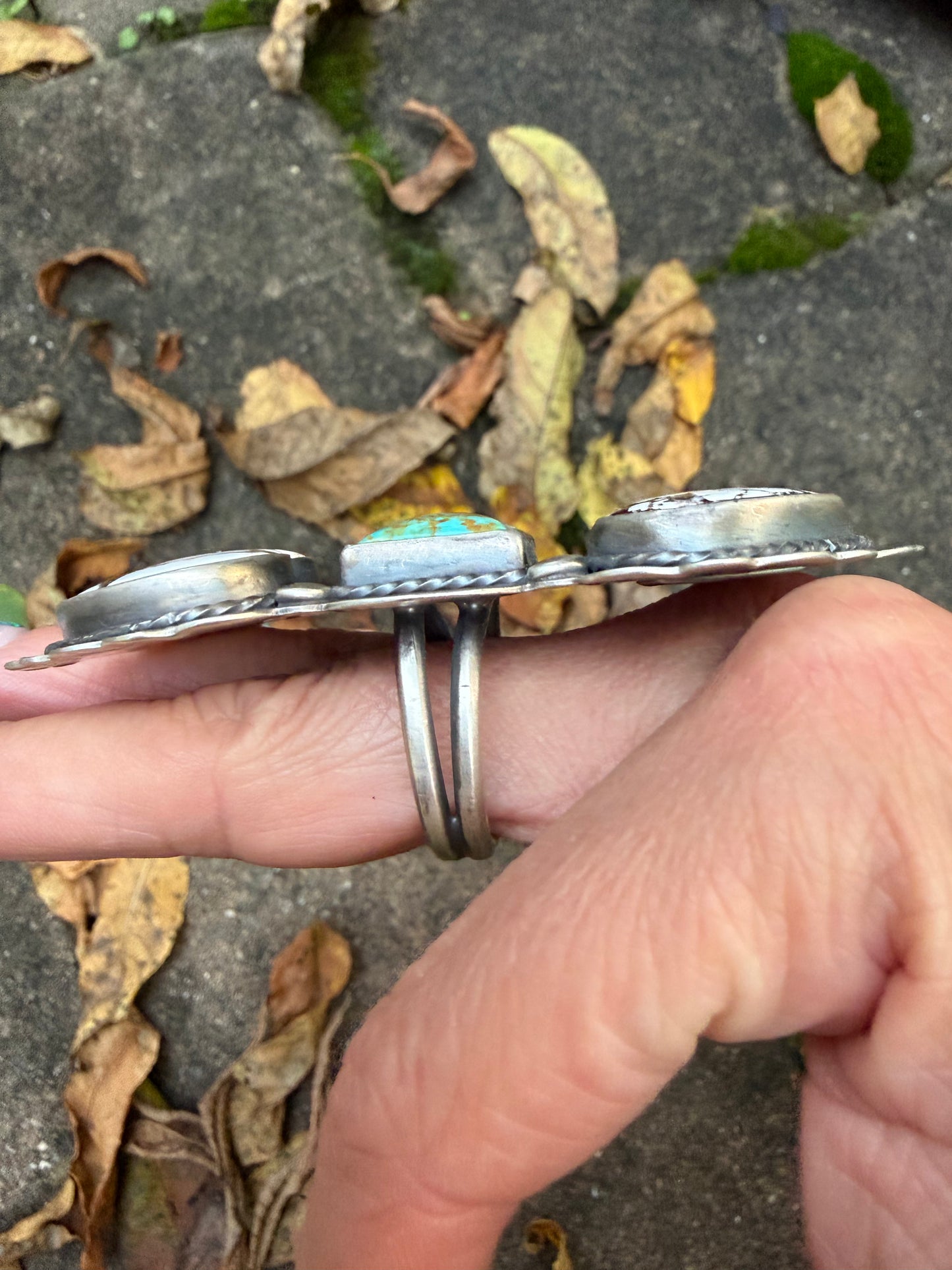 Rosella Paxson Triple Stone Sterling Silver Ring with Wild Horse Magnesite Hearts and Square Turquoise, Sz 9