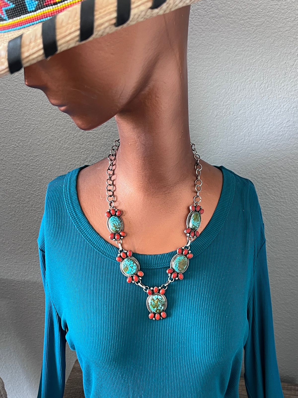 Taos Collection: Handcrafted Sterling Silver, Kingman Turquoise and Mediterranean Coral Necklace & Earrings Set by Kathleen Chavez