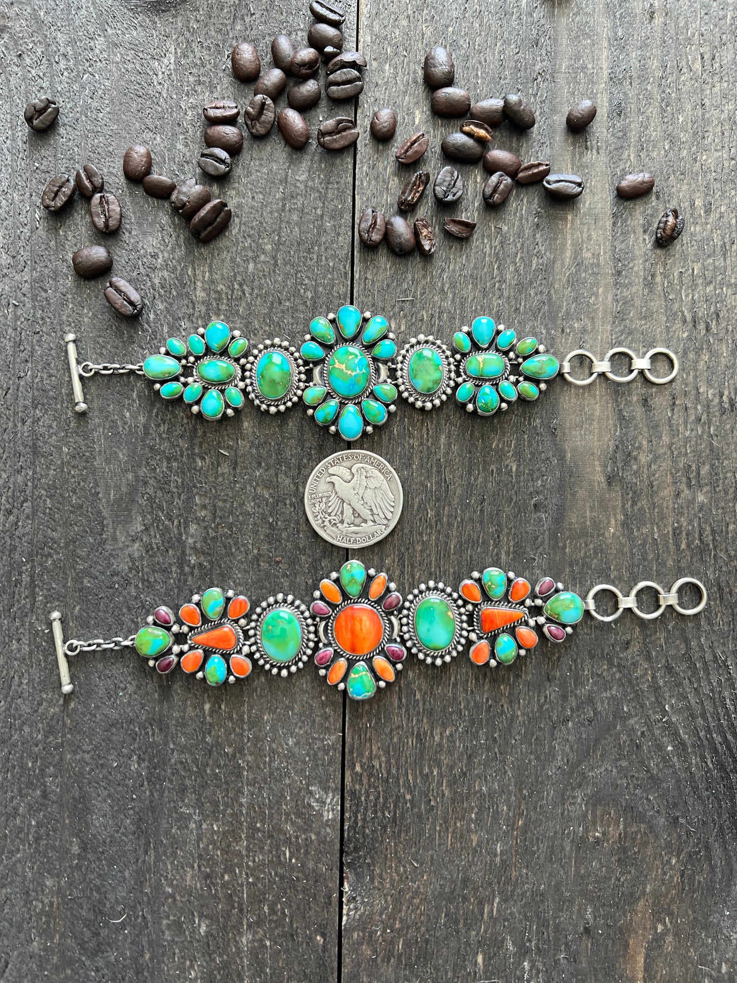 Stunning Navajo Sterling Silver, Sonoran Mountain Turquoise and Spiny Oyster Shell Cluster Link Bracelets by Diane Wylie