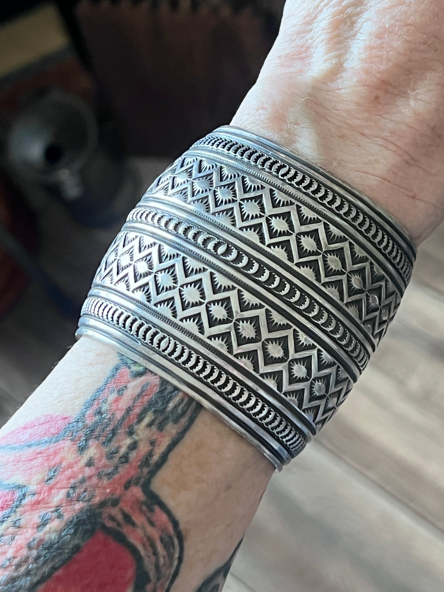 Hefty Sterling Silver Deep Stamped Cuff Bracelet by Andy Cadman