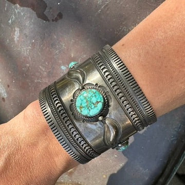 Navajo Made Sterling Silver Turquoise Wonder Woman Cuff Bracelet, Signed Albert Jake