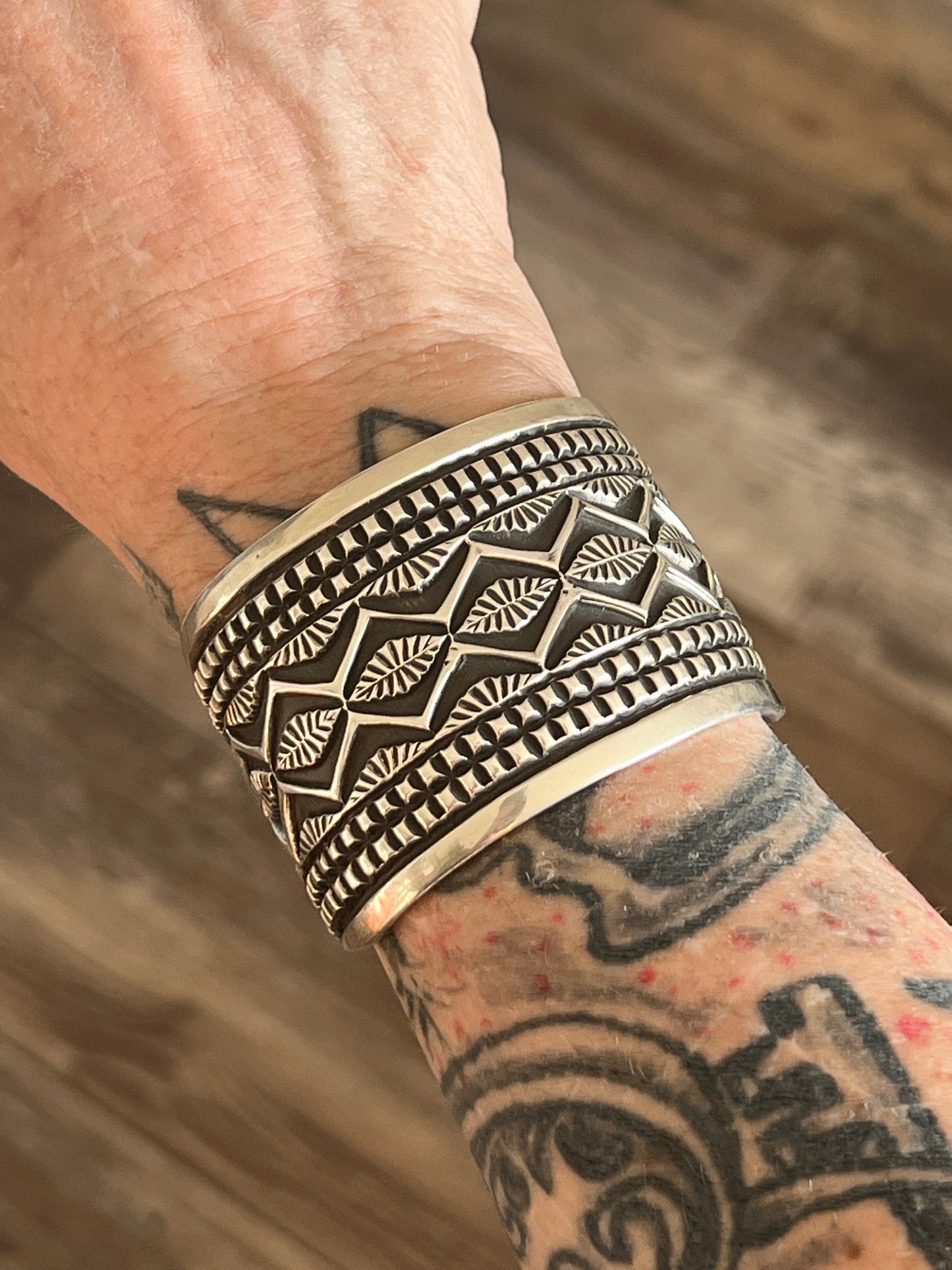 Old Pawn Navajo Sterling Silver Deep Stamped Cuff Bracelet by Elvira Bill
