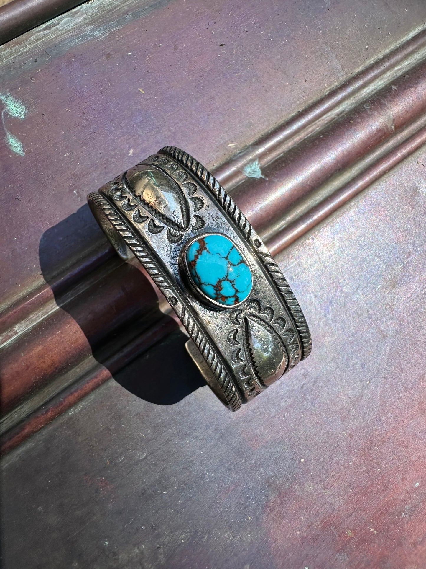Hand Forged Sterling Silver and Turquoise Ingot Cuff Bracelet by Navajo Artist, Gabe Natan