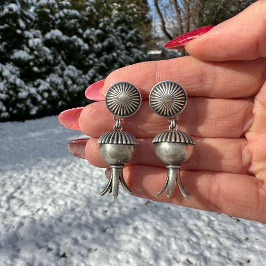 Artisan Made Sterling Silver Sphere Squash Blossom Earrings by Dennis Hogan