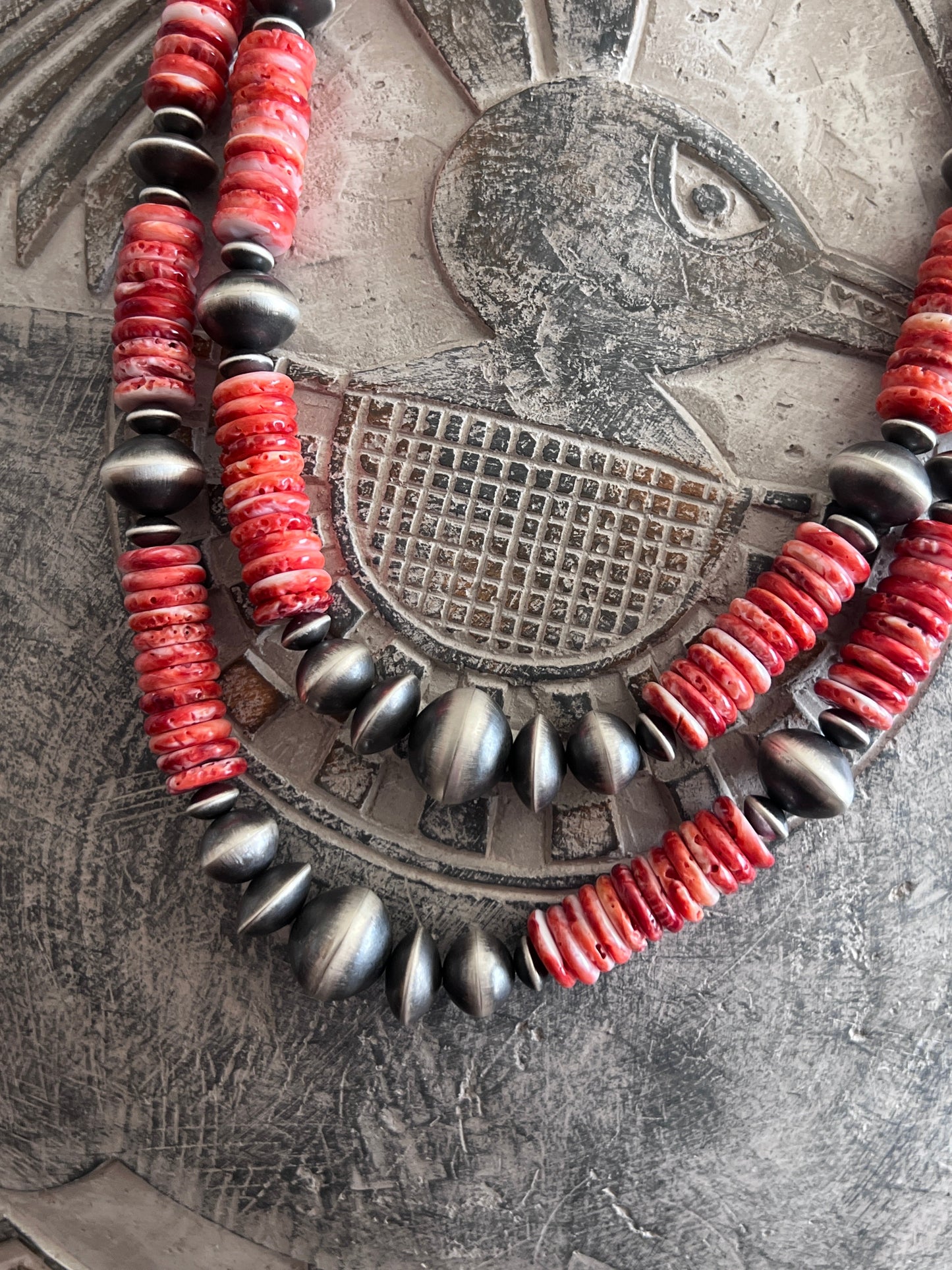 Chunky Sterling Silver and Red Spiny Oyster Single Strand Beaded Necklace by Rose Martin, 22” + 1-1/2”