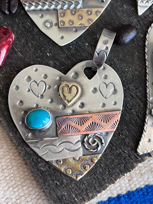 Kimari Somers Hand Stamped Sterling Silver, Copper, Brass & Turquoise ‘Full Heart’ Pendant