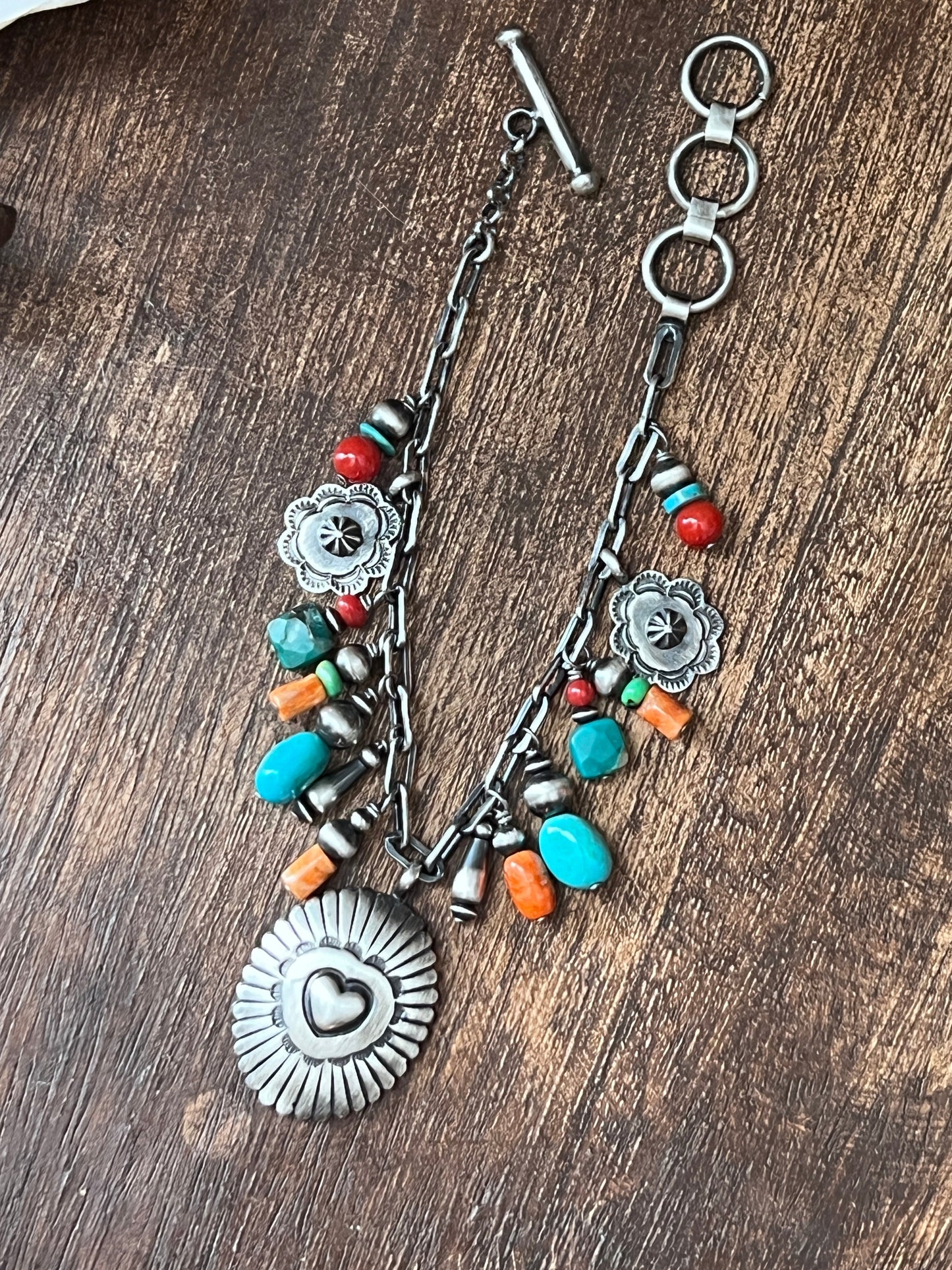 Raymond Coriz Handcrafted Electric Rainbow Sterling Silver Concho & Multistone Beaded Charm Bracelets