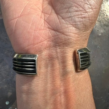 Vintage Navajo Made Sterling Silver V Shape Cuff Bracelet, signed by Tom Hawk
