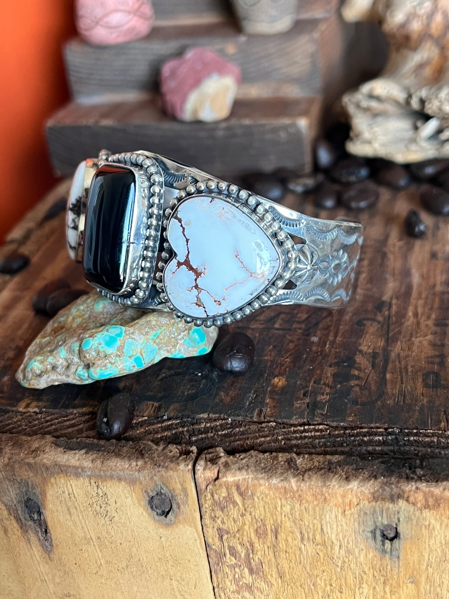 Rosella Paxson Sterling Silver Cuff with Wild Horse Magnesite Hearts and Rectangular Onyx