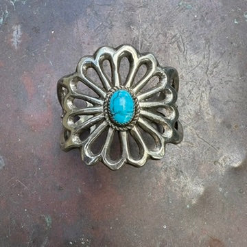 Vintage Cast Sterling Silver Turquoise Flower Cuff Bracelet, Signed RM