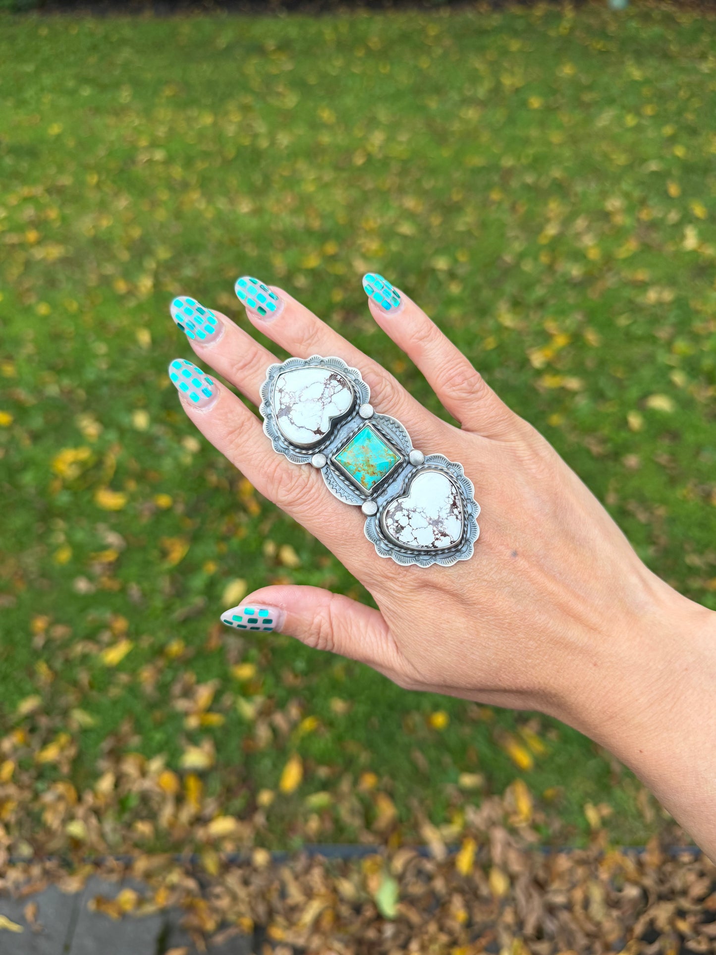 Rosella Paxson Triple Stone Sterling Silver Ring with Wild Horse Magnesite Hearts and Square Turquoise, Sz 9