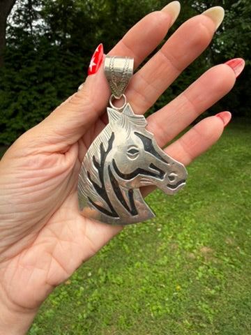 Navajo Made Sterling Silver Horse Head Pendant by Alonzo Mariano