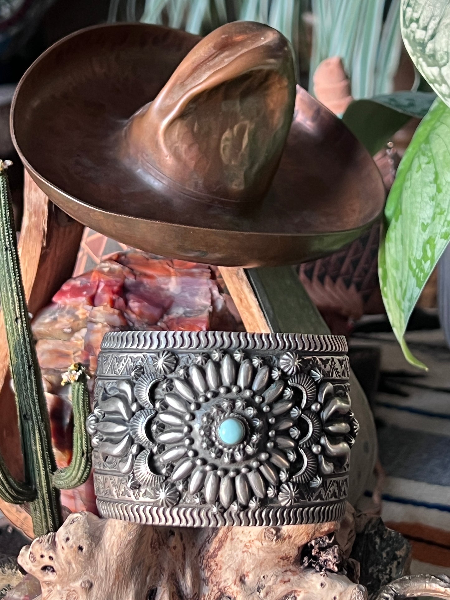 Darryl Becenti Sterling Silver Stamped & Appliqué Cuff Bracelet w/ Dry Creek Turquoise Accent