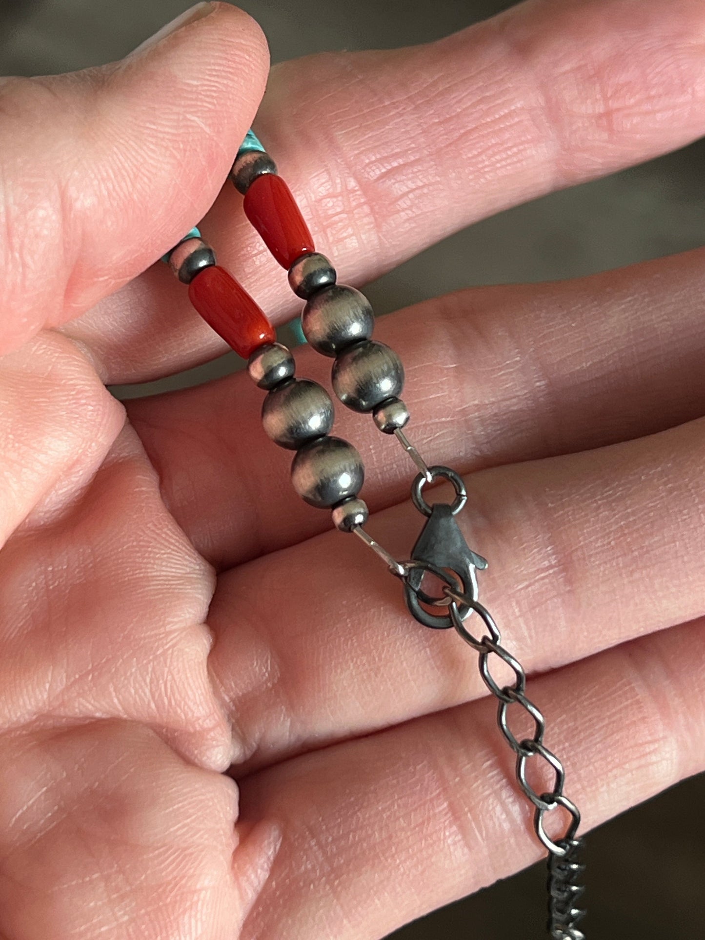 Summer Lovin’ Navajo Beaded Layering Necklace with Sterling Silver, Turquoise and Mediterranean Coral, 14” + 2”, The Beach Cruiser
