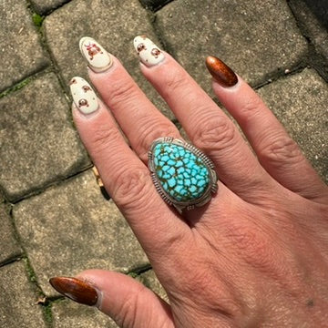 Navajo Sterling Silver Webbed Kingman Turquoise Ring Signed by Allen Lee