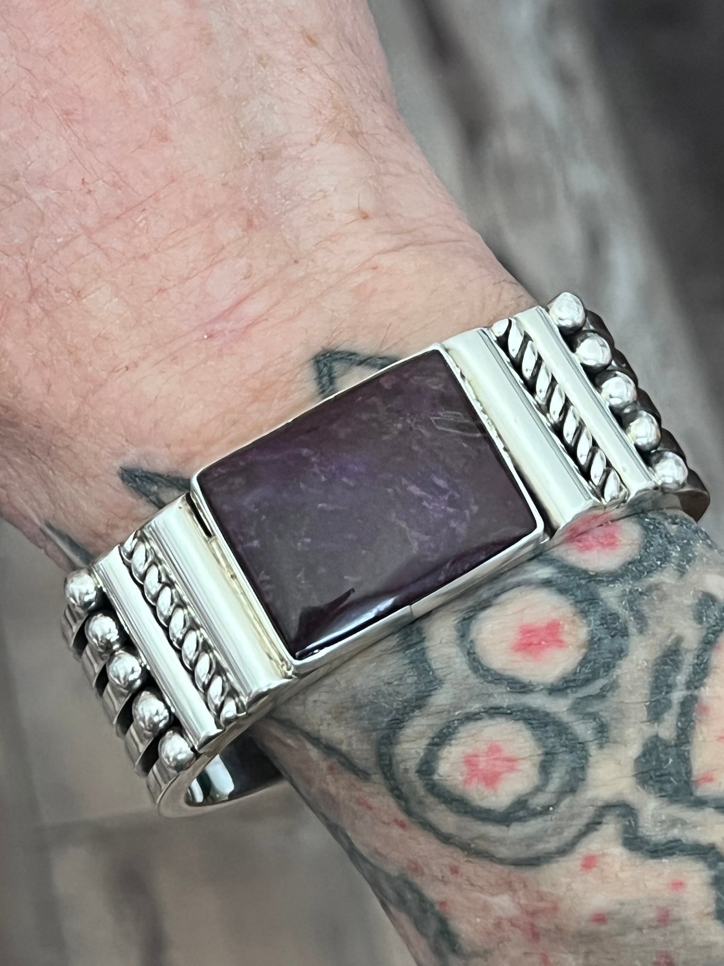 Hefty Sterling Silver and Sugilite Cuff Bracelet by Navajo Artist, Alfred Lee Sr.