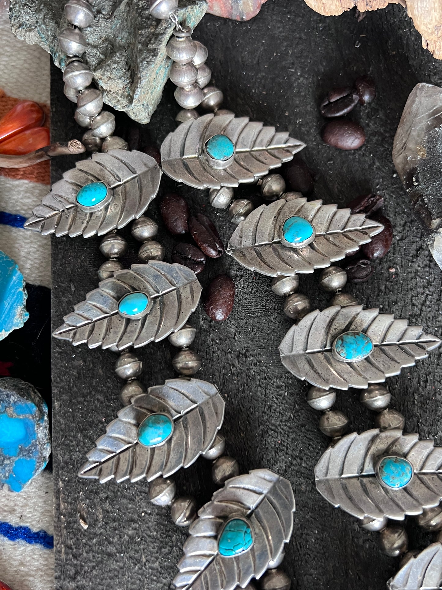 Vintage Unsigned Sterling Silver and Turquoise Squash Blossom with Leaf Motif