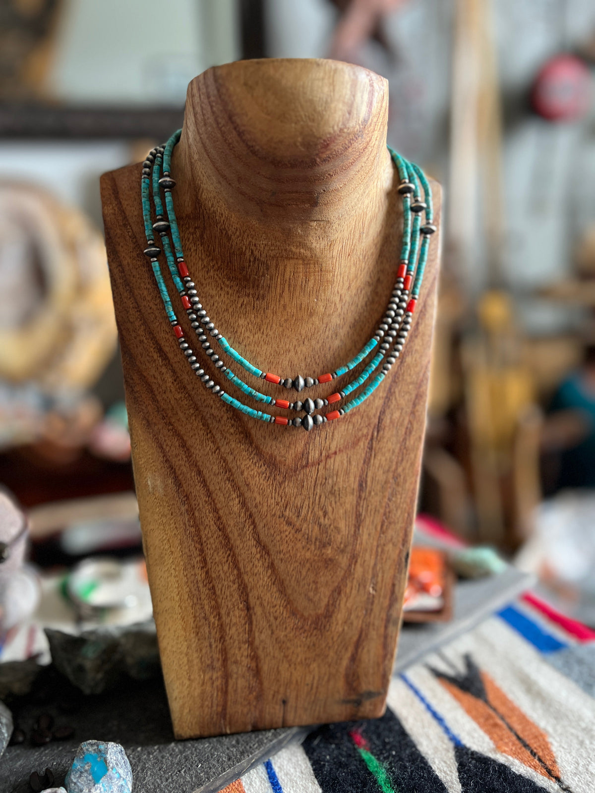 Bohemian Bliss Beaded Choker with Sterling Silver, Mediterranean Coral and Turquoise, 16” + 2”