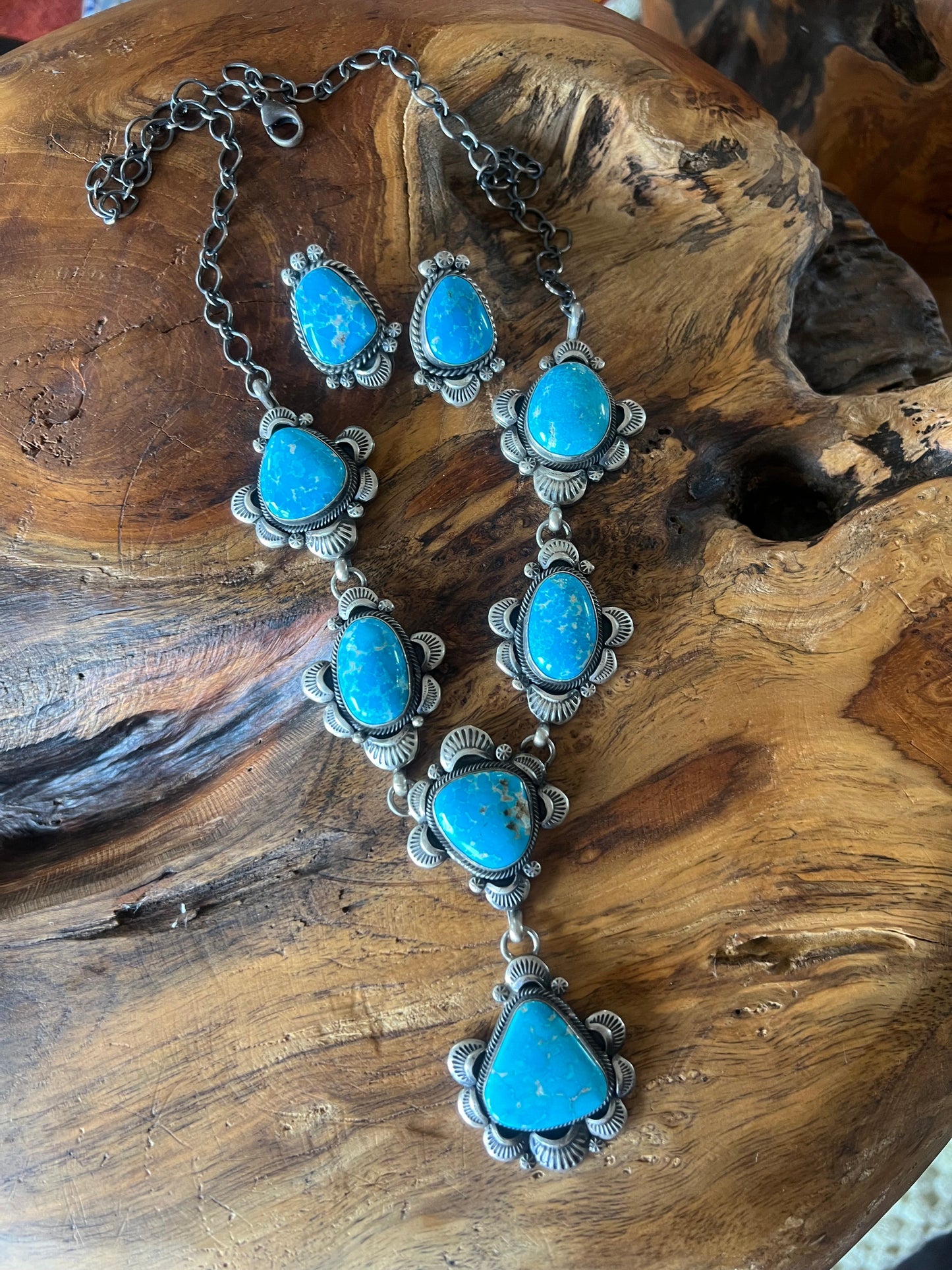 Stellar Navajo Sterling Silver and Whitewater Turquoise  Necklace and Earrings Set by Gilbert Tom