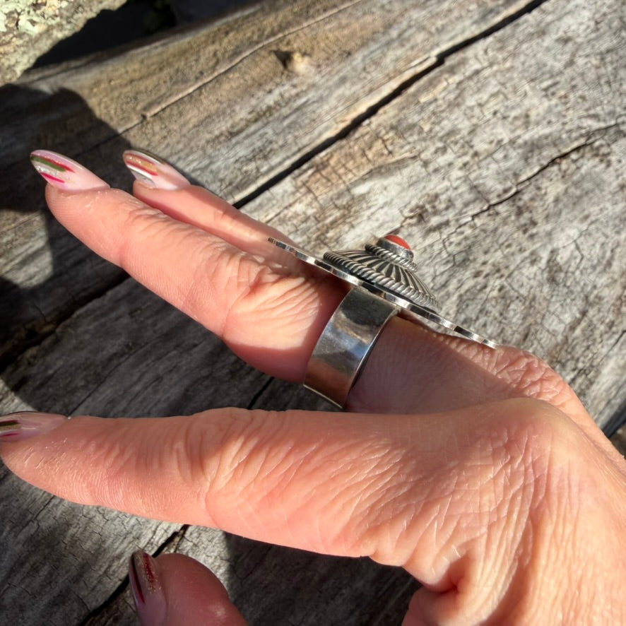 Navajo Sterling Silver Mediterranean Coral Sunburst Ring Signed by Leon Martinez