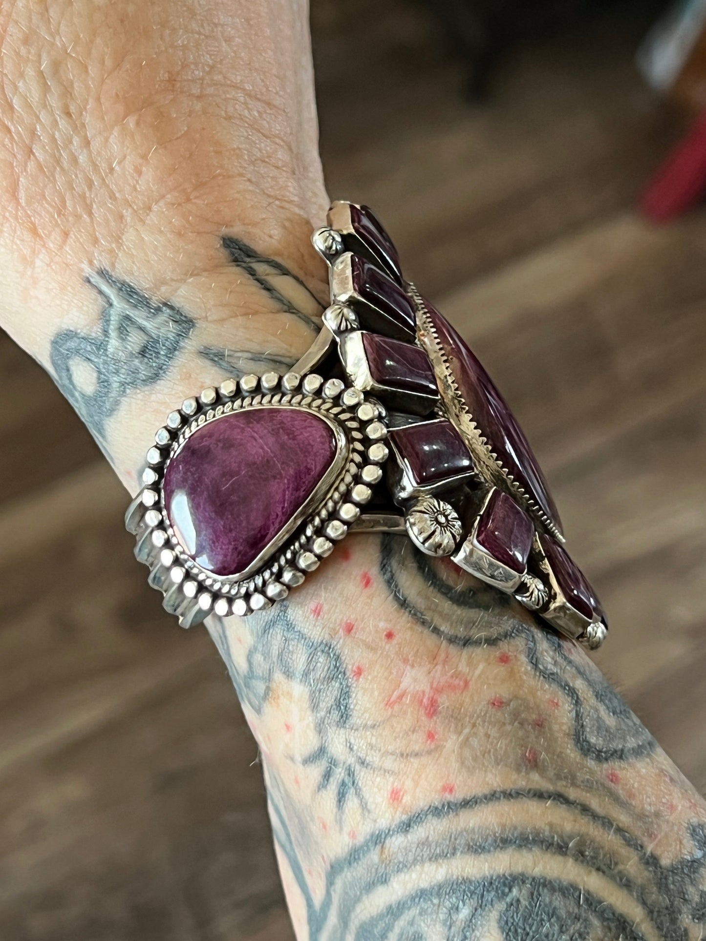 Navajo Sterling Silver and Purple Spiny Oyster Shell Cuff Bracelet by Tyler Brown