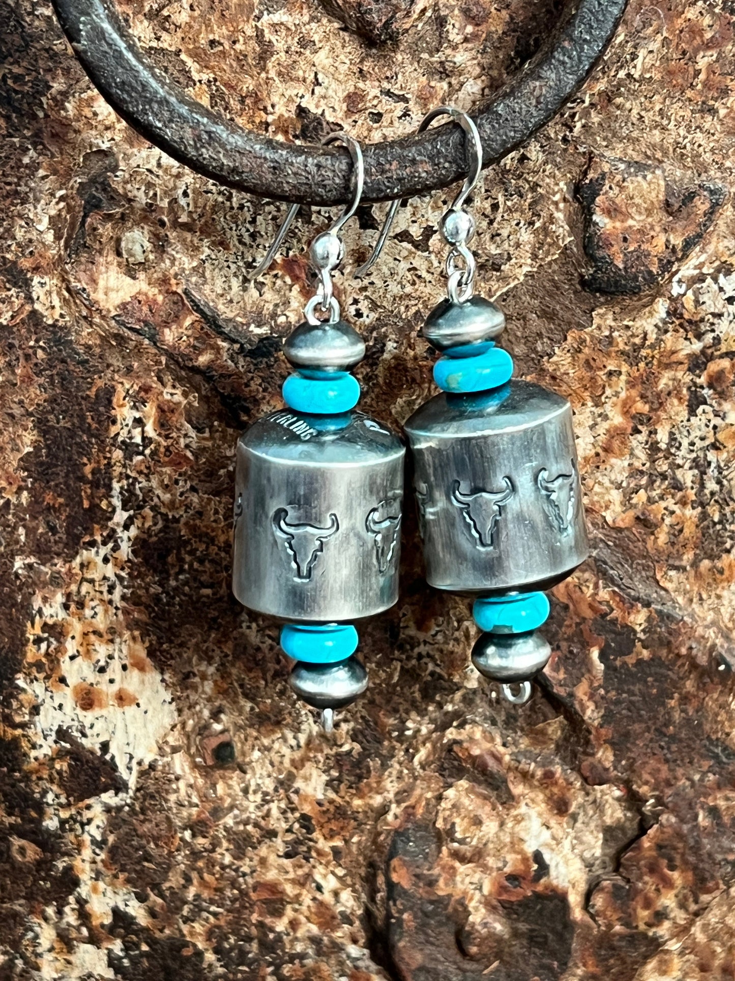 Navajo Sterling Silver and Turquoise Handmade Barrel Bead Earrings by Preston Haley
