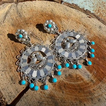 Sterling Silver Disc and Turquoise Filigree Lovebird Earrings by Federico Jimenez